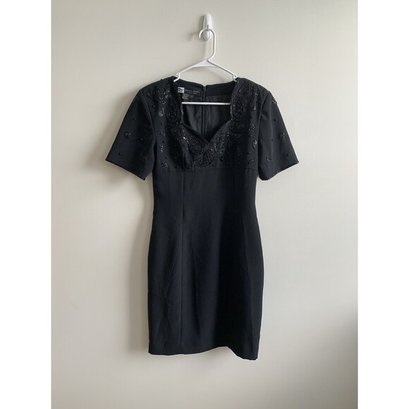 Morgan Taylor Evening Size 4 Black Beaded Dress Knee Length Short Sleeve - Picture 1 of 7